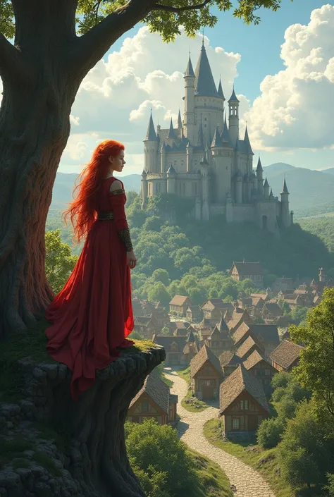 A child redhead goddess standing on a tree are looking a small vilage with a castle from above, heroic fantasy, realistic