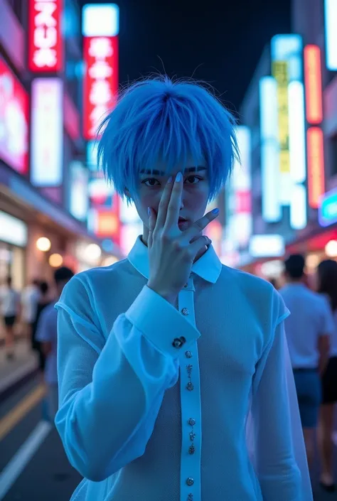 Best Quality, Ultra-high resolution, A young man,Blue Hair,White mesh,Cover your face with your fingers,Looking at,host,Fraudster,Kabukicho at night,Ice Emperor 