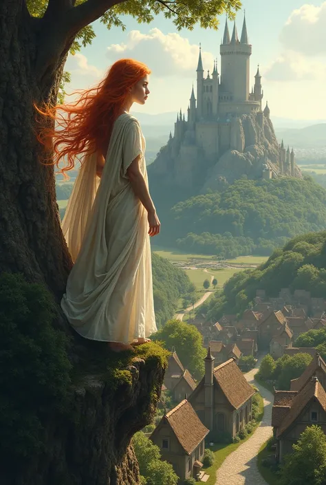 A child redhead goddess standing on a tree are looking a small vilage with a castle from above, heroic fantasy, realistic