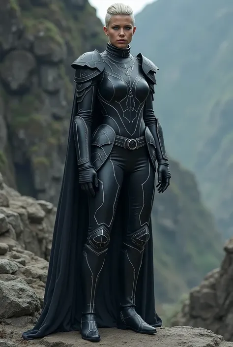 Blue-eyed woman with short hair wearing black armor with white lines standing on a rock, full body,HD