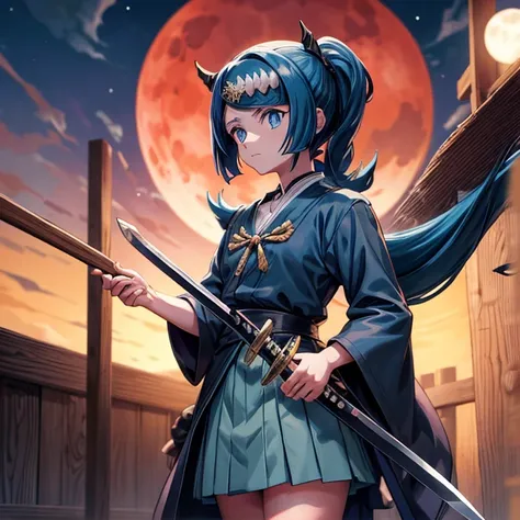 Long-haired anime character holding a sword in front of a full moon, Cute face of Demon Slayer, Kimetsu no yaiba, Inspired by Demon Slayer, Yoriichi Tsugikuni, Demon Slayer Art Style, Demon Slayer anime images, Tanjiro Kamado　Blue Hair