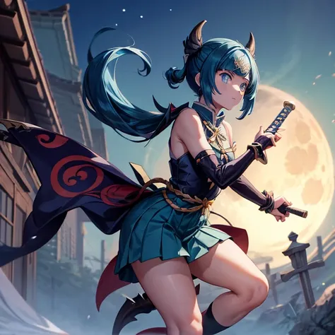 Long-haired anime character holding a sword in front of a full moon, Cute face of Demon Slayer, Kimetsu no yaiba, Inspired by Demon Slayer, Yoriichi Tsugikuni, Demon Slayer Art Style, Demon Slayer anime images, Tanjiro Kamado　Blue Hair