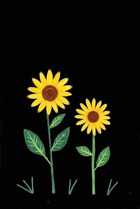 Generate me an image of about two or three sunflowers drawn by hand like this with WhatsApp tools with a black background, the blacker background and the sunflowers as if made by a little child of 5 or  and in a larger quality, as well as for a cell phone ...