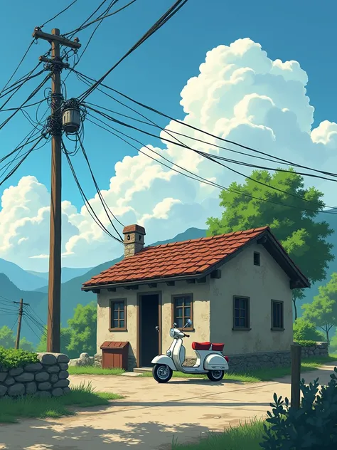 "Create a highly detailed, **anime-style** scene featuring an old, rustic **Italian hut** with a vintage **scooter parked outside**. The atmosphere is subtly moody with **wires and poles** lining the street, swaying in the **windy, cloudy sky**. The scene ...