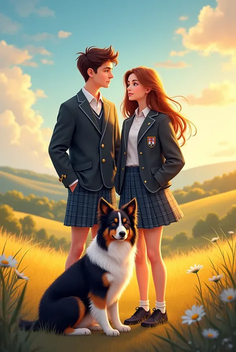  YA romance book cover with high school students in uniform and a Australian border collie dog