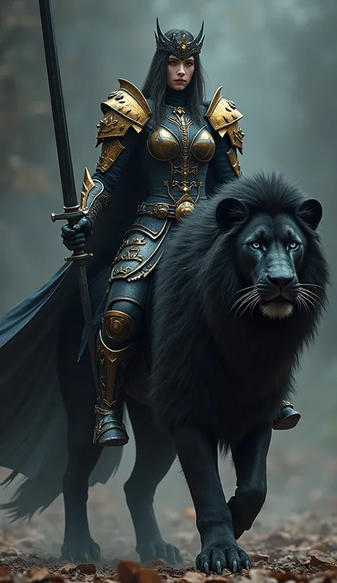 A very beautiful and gorgeous,brave, and courageous zero figur six-pack abs muscular body and very Big and large round breast young warrior woman and warrior man in black armor and hand in long black sword.A Body half man and half woman with blue eyes in h...