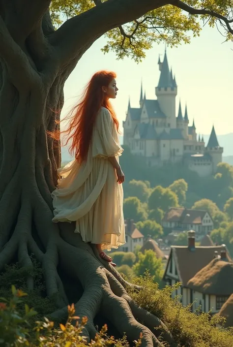 Movie still shot of an Ancient redhead goddess child standing on a tree are looking a small vilage with a castle from above.