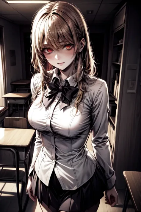 1 boy, 1 girl, high school classroom, after school, soft lighting, dynamic angle, {beautiful detailed girl}, "Prince-like girl", short blonde hair, {cool expression}, {perfect smile}, {sharp eyes}, intricately detailed, {dark atmosphere}, tense mood, {subt...