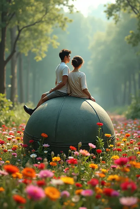 A couple sit on the bomb with so many flowers around