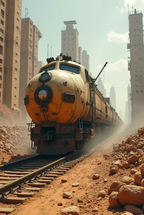 Diagonal shot of a dirty and rusty bullet train in the Sahara desert inside a large ultra futuristic post-apocalyptic city, There are many tall buildings in ruins around the train and in the background on the horizon, he is passing between ruined futuristi...