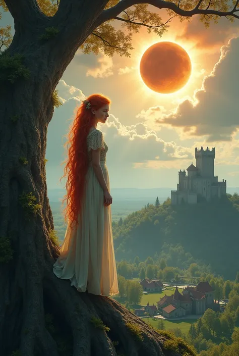 Movie still shot of an Ancient redhead goddess child standing on a tree are looking a small vilage with a castle from above. Eclipse.