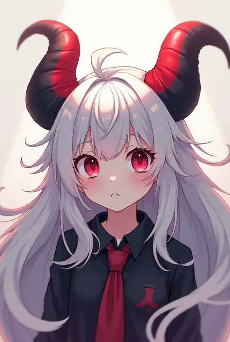 8k, High quality, 1 , red eyes, red and black horns on the tips, big white hair, anime, Young, neutral expression