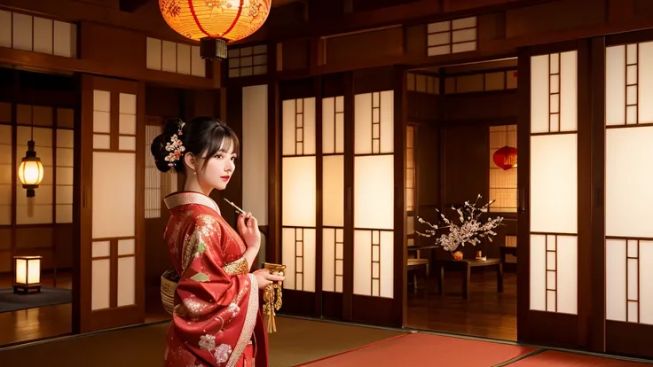 "A traditional Japanese room with red sliding doors and lanterns. In the center, a beautiful woman stands elegantly, wearing an elaborate kimono with vibrant orange and gold patterns, adorned with cranes and floral designs. Her hair is styled in a traditio...