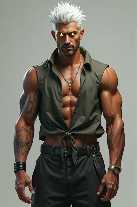 Nitesh, a 1 male with white hair, 180 cm tall, golden triangle-shaped eyes, a muscular build, prominent arms, and a casual and unique appearance.
