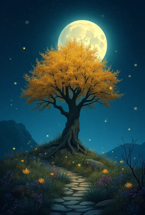 **Night drawing idea:** It shows the Coin Tree under a night sky filled with bright stars and a full moon illuminating the landscape.. The golden coins on the tree reflect the moonlight, creating a soft and mysterious glow. The surroundings are darkened, w...