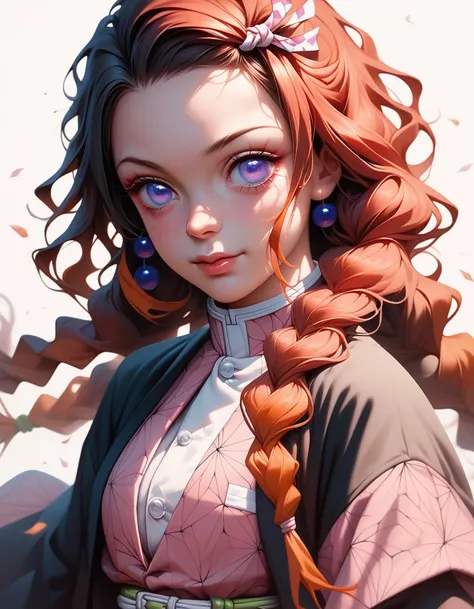 nezuko,kimetsu no yaiba,red hair with blue highlights, purple eyes, white background