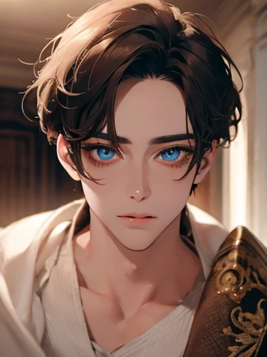 a male character with beautiful detailed eyes, detailed lips, extremely detailed face, long eyelashes, perfect face shape, no errors, naughty expression, sticking out tongue, different colored eyes, in a palace room, high resolution, best quality, super de...