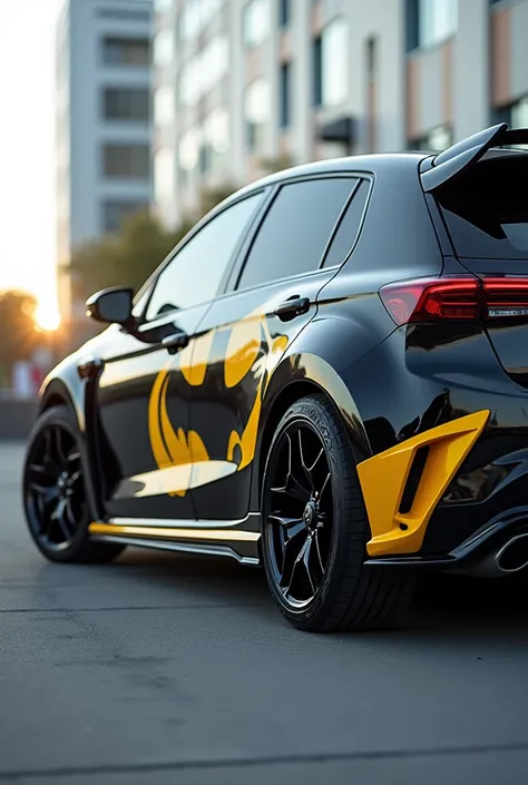 Sports Hatchback car with black sports wheels and a yellow bat design on the side of the car