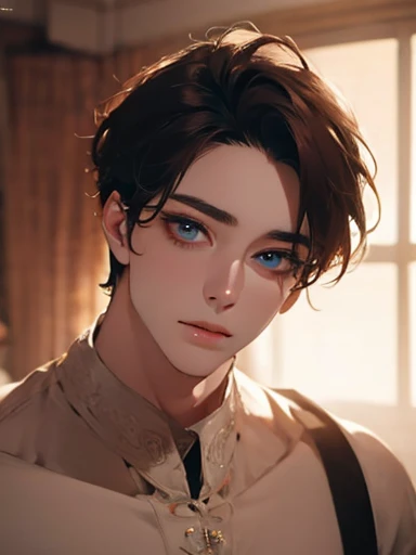 a male character with beautiful detailed eyes, detailed lips, extremely detailed face, long eyelashes, perfect face shape, no errors, naughty expression, sticking out tongue, different colored eyes, in a palace room, (best quality,4k,8k,highres,masterpiece...