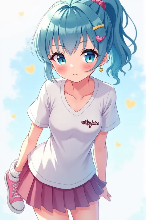 Short girl, big sea blue eyes, short sky blue hair above her shoulders, beautiful simple earrings, embroidered bangs, pink lips, smile, sexy body, big breasts, wearing a white t-shirt that says "milky juice", wearing a short pleated skirt, wearing heart sh...