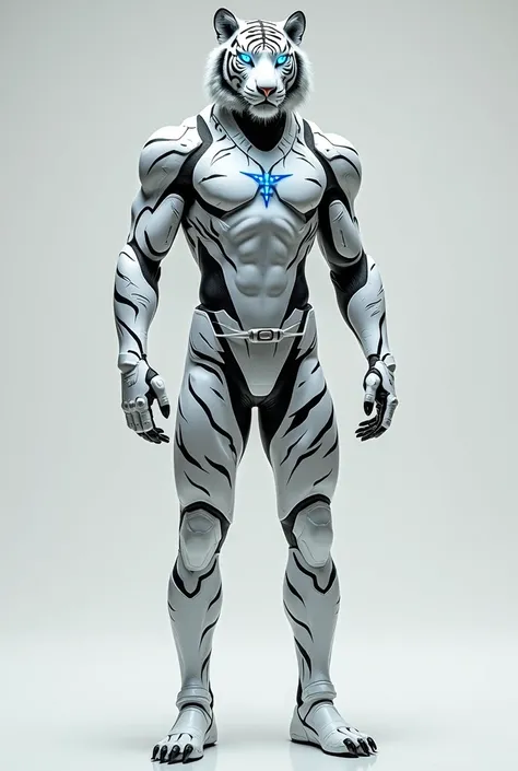 Create a sleek, futuristic battlesuit inspired by the white tiger. The suit should have a form-fitting design that accentuates the wearers muscle structure. The helmet has a futuristic tiger head design, possibly containing a human head, with pointed ears ...