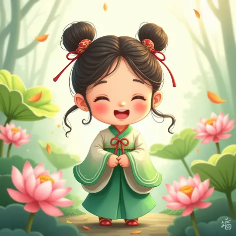 Cute Chinese  baby girl，Wearing a green and white gradient Hanfu,Fair skin,Happy laughter，Comb your hair in a bun,Hairpins,ribbons ， Chinese national style，Lotus flowers in background，Large aperture effect，dance，The leaves fall， rendering by octane，Blander...