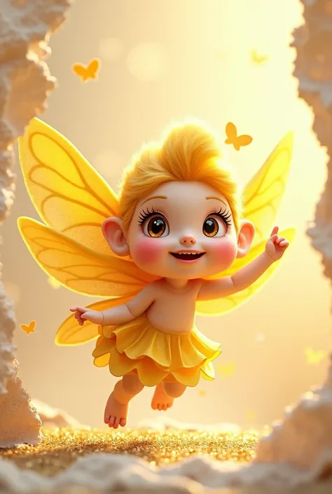 Yellow fairy mascot logo with Engagement Fairy written on glitter background and torn paper 