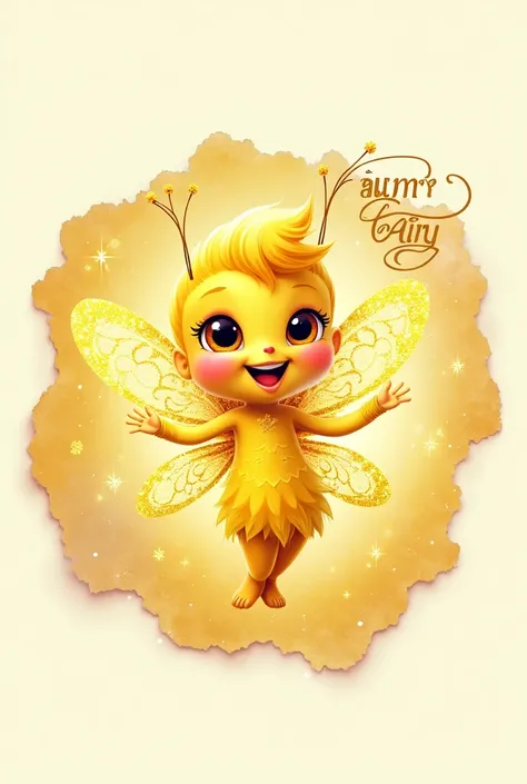 Yellow fairy mascot logo written Engaja Fairy with glitter background and torn paper 