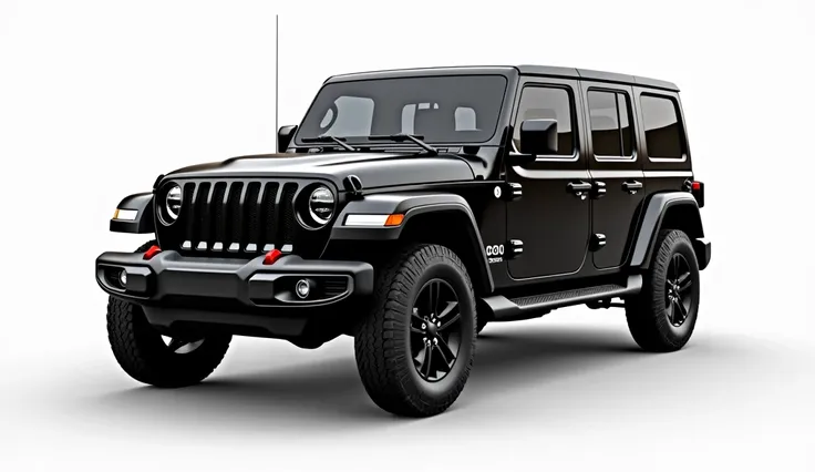 Three-Quarter Front Angle: "A three-quarter front view of the 2025 Jeep Wrangler in black against a white background. This angle shows both the front grille and the side profile, offering a dynamic perspective of the vehicle’s powerful design."