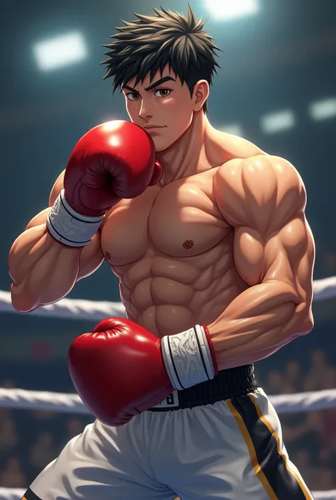 a lean, cute, thin but muscular, athletic body, 20-year-old shirtless boy, glistening, sweating profusely, black hair, brown eyes, wearing white and black boxing shorts, red boxing gloves, flexing,in the boxing ring, head to torso shot only, masculine, shi...