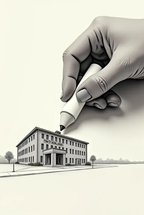  Drawing of a school, being erased by a hand using an eraser
