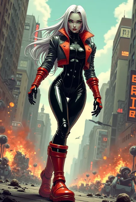 comic style, a cartoonish android robot girl with metallic gray skin and black clothes, red and gold, with silver hair, with a tight nano fabric suit, Over the suit he wears a short dark grey and red faux leather jacket, with tall red and black boots, in a...