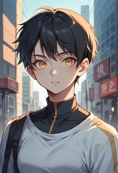 anime style, street clothes, short black hair, city background, Portrait photo, golden eyes.