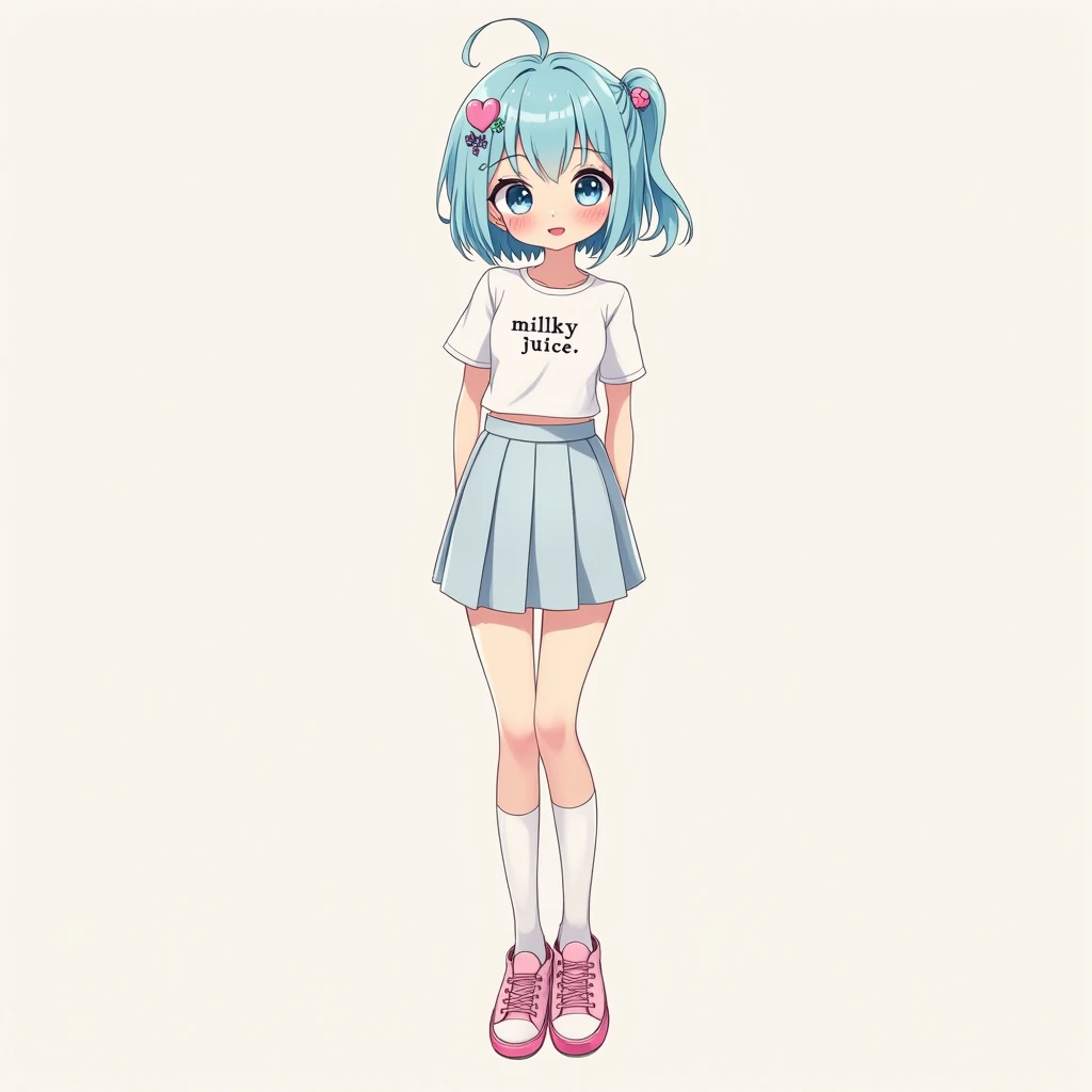 Short girl, big sea blue eyes, short sky blue hair above her shoulders, beautiful simple earrings, embroidered bangs, pink lips, smile, sexy body, big breasts, wearing a white t-shirt that says "milky juice", wearing a short pleated skirt, wearing heart sh...