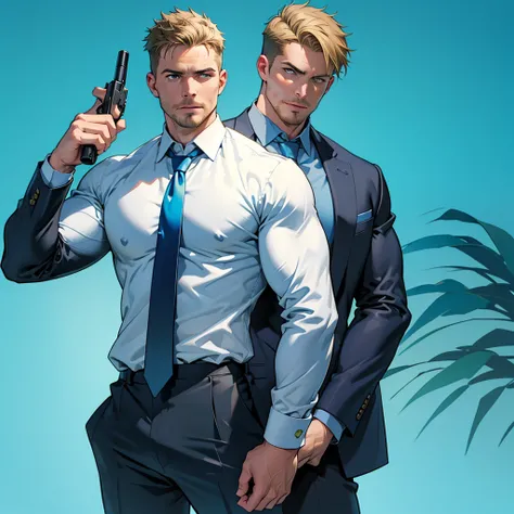 1 man, male focus solo,45 yo man,Stephen AMELL as private investigator,  lean muscle, blue shirt, marine blue businessman suit ,( tie) ,( huge bulge with visible cock bulge ), full body shot, dark blond short hair, well groomed facial hair, holding a gun w...