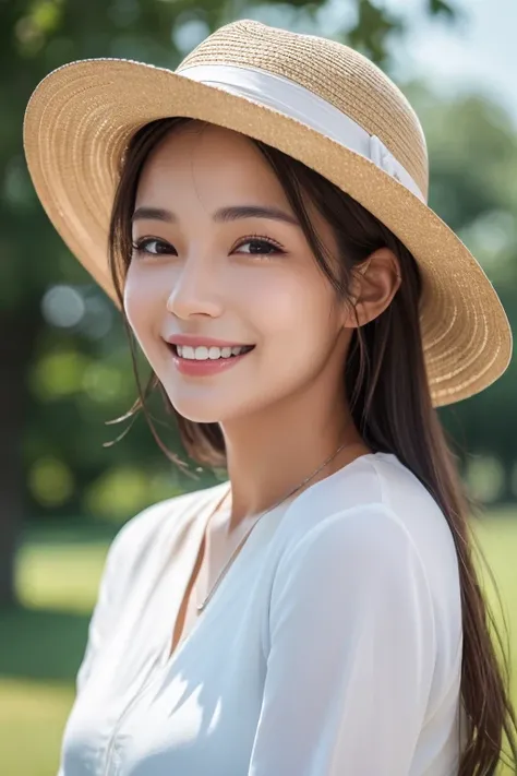 a woman, ddtmikamiyua, , outdoor, front view, a woman with a hat on and a smile on her face and a white shirt, medium shot,(masterpiece:1.2) and (best quality:1.2) and (photorealistic:1.4) and (Realistic:1.4) and Detailed Skin Textures and detailed skin po...