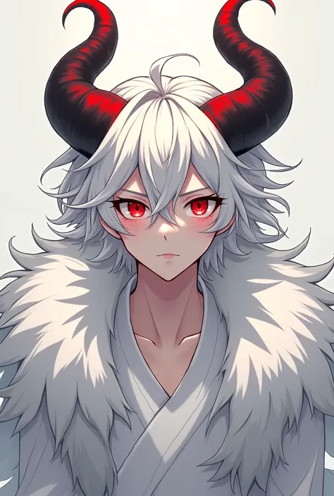 8k, High quality, 1 man, red eyes, red and black horns on the tips, big white hair, anime, Young, neutral expression, white clothes