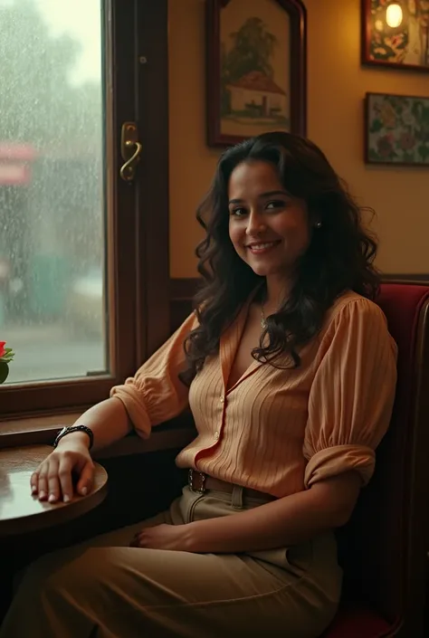 Professional photography, 1930s movie lighting style, a charming curvy Mexican beauty wearing vintage blouse and vintage khaki pants, she has messy long straight hair, she looking straight ahead, smiling, sitting lean back in corner of restaurant, window w...