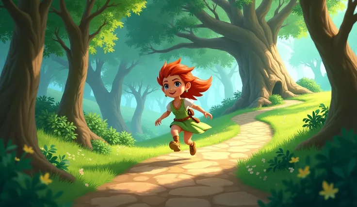 Capture Flit in mid-stride as she heads down a new path, ready to take on the legacy of her ancestors. The forest stretches before her, full of promise. Behind her, the ancient oak watches over her journey, as if blessing her next adventure.(image style 30...