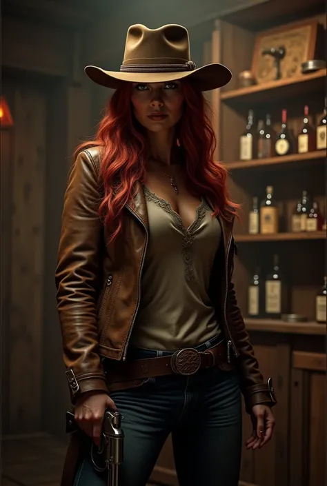 The image shows a woman in a western style, dressed in a brown leather jacket and hat. She has long red hair, and she also holds a gun in her hand. The background resembles a bar with wooden walls and shelves., filled with bottles. This image can be associ...