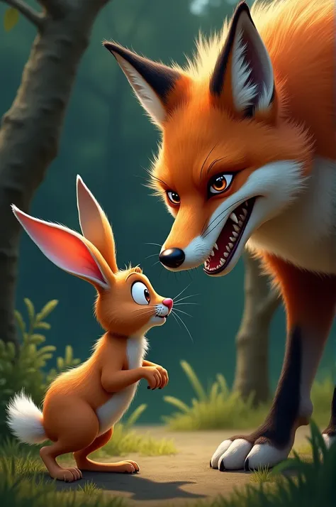 The Rabbit Shocked by the Fox: The rabbit suddenly feels a light tap on his tail and turns around, his eyes widening in sheer terror as he spots the fox. The fox stands tall, with a sly grin and sharp teeth visible. The scene captures the rabbit frozen in ...