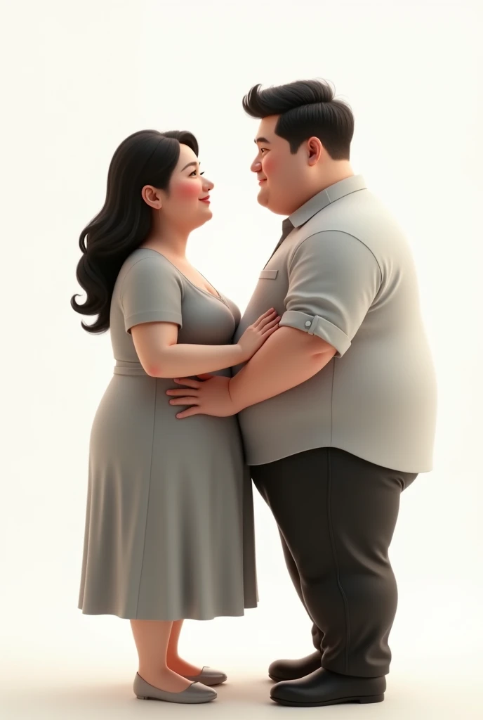 Silver wedding woman dressed in a gray dress wavy black hair white tea height 1.57m plump body man silver gray shirt and black pants brown tea light height 1.65m chubby body black hair no beard no earrings both white background both looking at Alfre you pi...