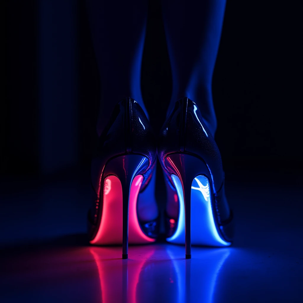 Close up of High Heels, blacklight style.
﻿
Beautiful lighting, award-winning, (masterpiece, best quality, photorealistic, Professional, perfect composition, very aesthetic, absurdres, ultra-detailed, intricate details:1.3)