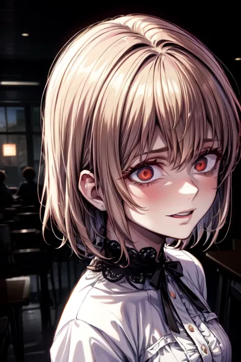 1 boy, 1 girl, high school classroom, after school, {shadowy lighting}, {dramatic angle}, {beautiful detailed girl}, "Prince-like girl", short blonde hair, {sharp eyes}, {obsessive expression}, {deranged smile}, intricately detailed, {dark atmosphere}, boy...