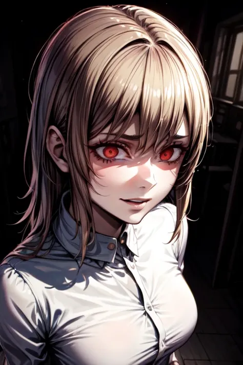 1 boy, 1 girl, high school classroom, after school, {shadowy lighting}, {dramatic angle}, {beautiful detailed girl}, "Prince-like girl", short blonde hair, {sharp eyes}, {obsessive expression}, {deranged smile}, intricately detailed, {dark atmosphere}, boy...