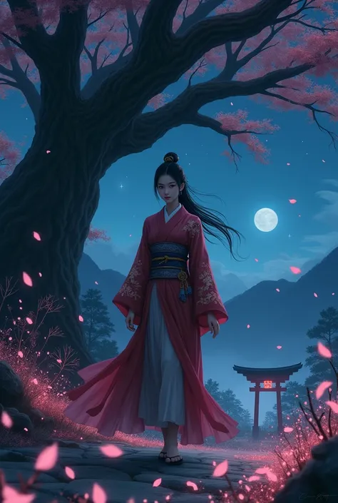 (best quality, masterpiece),(1girl, miko, coat, expression face, black eyes, looking at front ,black hair, walking, upper body), (night strray sky, huge old tree behind, falling glowing pink petals behind, shrine behind, mountain background, blowing wind, ...