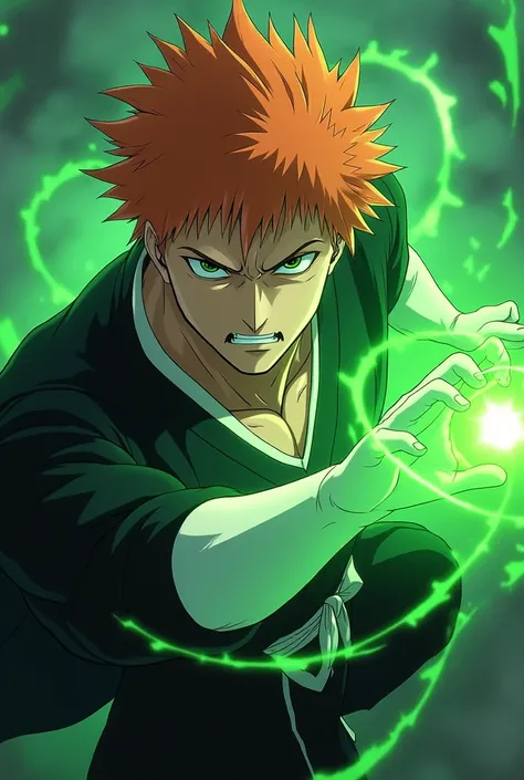 detailed portrait of ichigo kurosaki as a member of the Green Lantern Corps, wear iconic bleach haori costume, green energy constructs, detailed facial features, realistic style, vibrant colors, dynamic lighting, cinematic composition, highly detailed, 8K,...