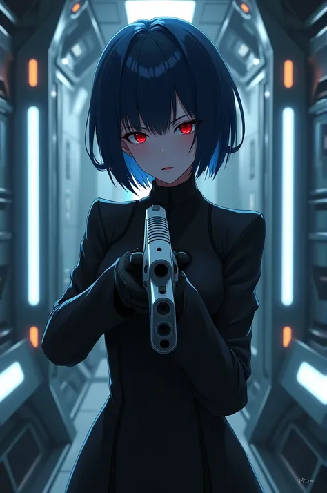 Anime girl,Dark blue short hair,Red eyes,Mute with a sullen face,Wear a cool black outfit.,Hold the gun.,The background is the interior of a spaceship.