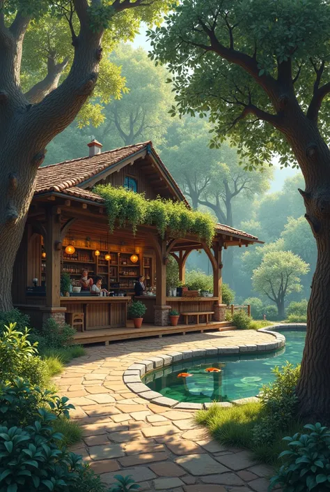 A coffee shop in a big forest. The atmosphere is shady with olive trees and a beautiful fish pond.