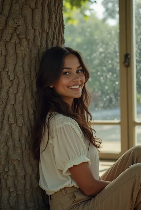 Professional photography, 1930s city park, a charming curvy Mexican beauty wearing vintage blouse and vintage khaki pants, she has messy long straight hair, she looking straight ahead, smiling, sitting leaning back against a tree, window with raindrop, set...